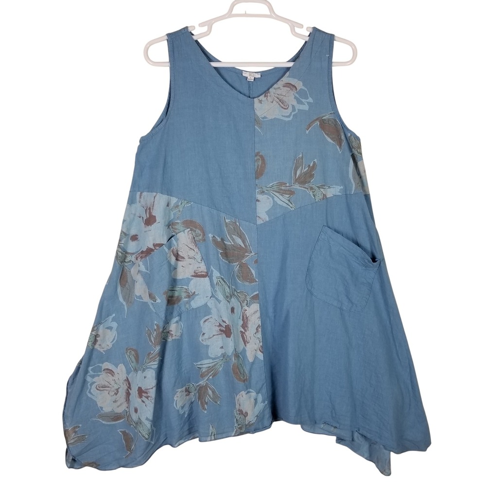 Kaktus Tunic Women XL Blue Linen Floral Handkerchief Hem Pockets Made in Italy